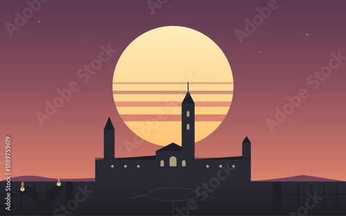 Smithsonian Institution Building silhouette at sunset, iconic Castle landmark in Washington DC, minimalist flat vector illustration with warm sky, historic architecture, and calm evening atmosphere