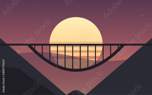New River Gorge Bridge silhouette at sunset, iconic steel arch bridge in West Virginia, minimalist flat vector landscape with dramatic canyon, warm sky, and scenic national park atmosphere
