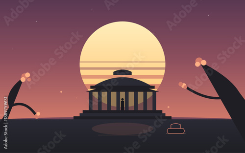 Jefferson Memorial silhouette at sunset, iconic neoclassical monument in Washington DC, minimalist flat vector illustration with warm sky, historic architecture, and serene evening atmosphere