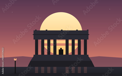 Lincoln Memorial silhouette at sunset, iconic national monument in Washington DC, minimalist flat vector illustration with neoclassical architecture, warm sky, reflection, and solemn historic mood