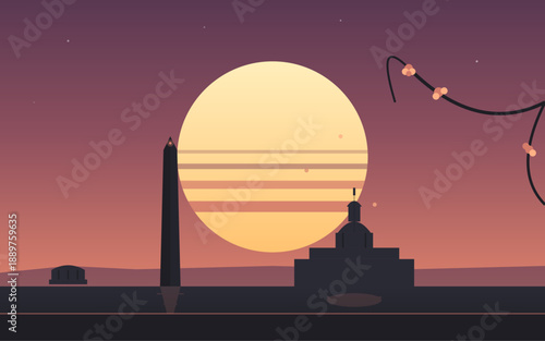 Washington DC skyline at sunset featuring the Washington Monument and US Capitol, minimalist flat vector illustration with warm sky, national landmarks, cherry blossom accents, and calm evening mood