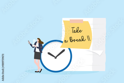 Businesswoman Taking a Break concept work life balance with Clock and Reminder Note.
