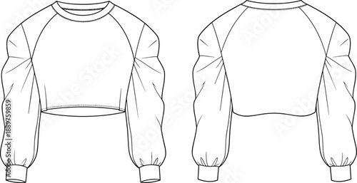 Technical fashion illustration of cropped sweatshirt with raglan sleeves, gathered seam detail, crew neckline, curved hem, front and back view for garment design and apparel production
