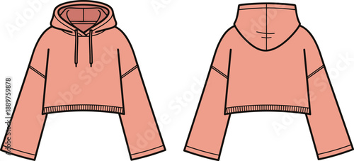 Technical fashion illustration of light pink cropped hoodie with drawstring hood, dropped shoulders, ribbed hem – front and back view garment sketch.