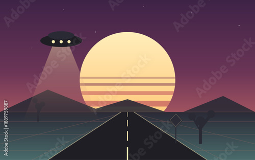 Extraterrestrial Highway Nevada Sunset Illustration – Minimalist Vector Art of UFO Sighting on Nevada State Route 375, Retro Sun, Desert Road, Sci-Fi Inspired Flat Design