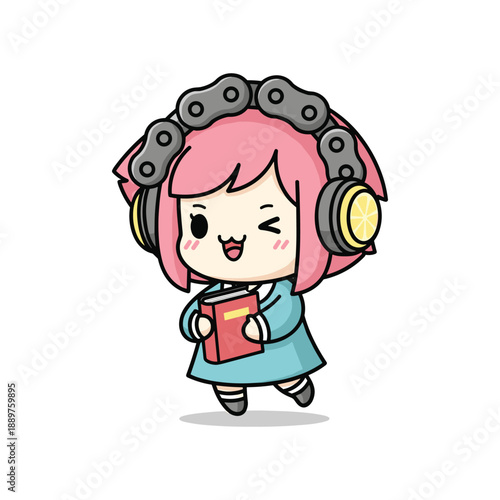 Cute Girl with Headphones and Curling Irons