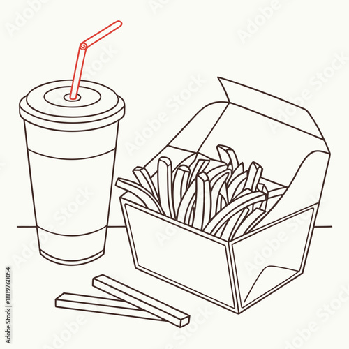Fast food drink and french fries line art minimal flat vector