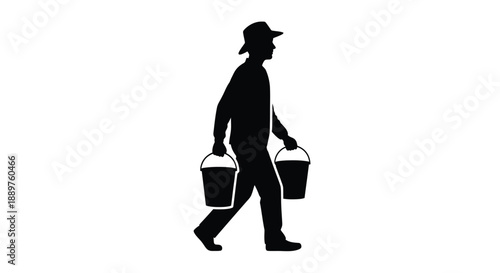 A man carrying buckets walks along depicted in dark silhouette