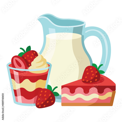 A colorful illustration of a pitcher of milk with a layered strawberry dessert and a slice of cake