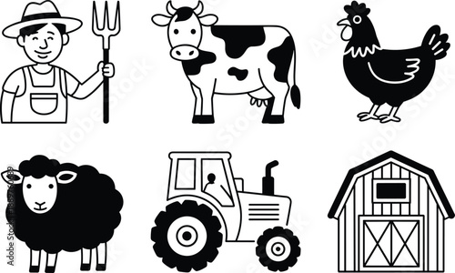 Black and white farm scene with farmer, cow, chicken, sheep, tractor, and barn