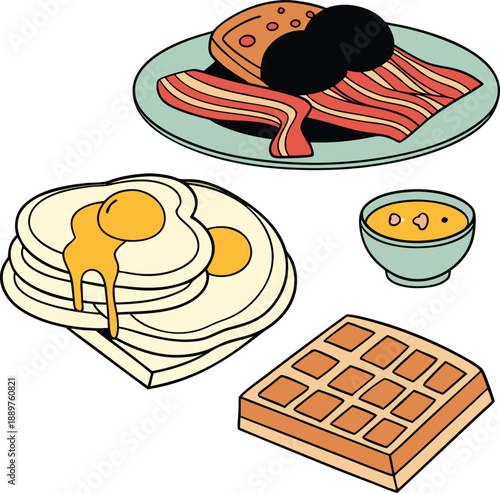 Breakfast food set with eggs bacon pancakes and waffles flat vector