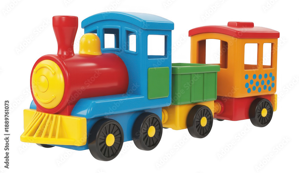 Naklejka premium Colorful toy train with two cars plastic play isolated on a transparent background