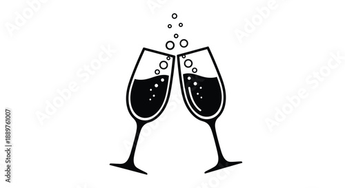 Two wine glasses clinking in a celebratory toast black silhouette