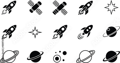 Black and white space-themed including rockets and planets
