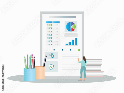 Corporate Equal Pay Framework Woman analyzing financial data report with charts