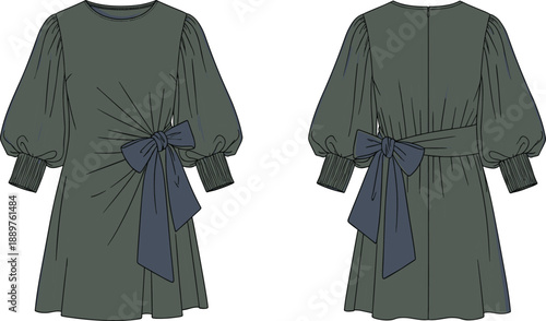Fashion illustration of dark green puff sleeve dress with large waist bow, round neckline, flared skirt, front and back technical garment sketch