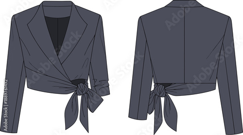 Fashion illustration of women’s cropped blazer front and back view with bow tie waist, deep V-neckline, wrap design – stylish modern garment sketch