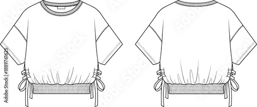 Fashion flat technical drawing of a women's oversized cropped sweatshirt with crew neck, drop shoulders, ribbed waistband, and side lace-up drawstring 