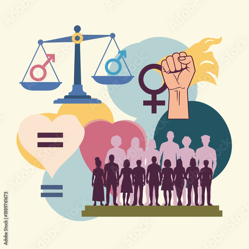 An illustration depicting gender equality symbols, including a balance scale with male and female signs, a raised fist, diverse people, and an equality heart.