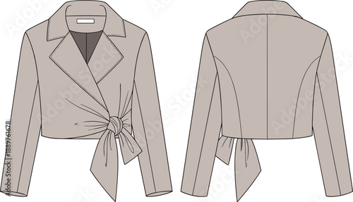 Fashion technical flat sketch of a beige cropped wrap jacket featuring notched lapels, long sleeves, tailored seams, and a large side-tie waist bow detail.