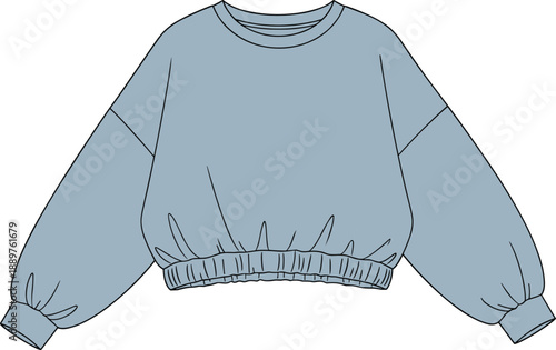 Fashion technical flat sketch of a light blue oversized cropped sweatshirt featuring drop shoulders, a crew neck, gathered elasticated waistband, and voluminous balloon sleeves