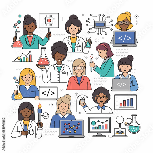 Diverse group of women scientists and engineers working in various STEM fields, featuring lab work, coding, and technology.