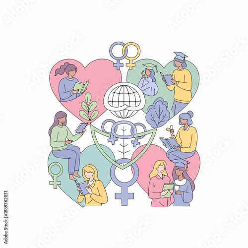 Diverse women engaged in education and learning, surrounded by symbols of empowerment, global connection, and nature.