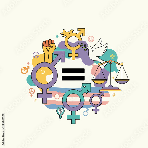 Vibrant illustration of gender equality, diversity, peace, and justice symbols, featuring male, female, and transgender signs, scales, dove, and a raised fist.