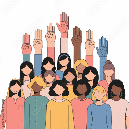 A diverse group of women with various skin tones standing together, some raising their hands in solidarity or protest.