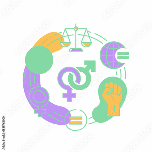 Gender equality and social justice concept with diverse symbols in a circular arrangement, featuring scales, male and female signs, a globe, and a raised fist.