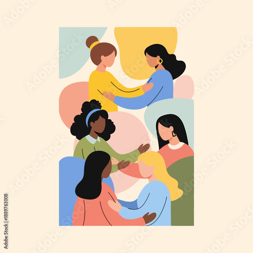 Illustration of diverse women supporting and comforting each other, depicting friendship, empathy, and female connection with abstract shapes.
