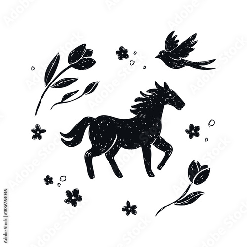 Hand drawn horse illustration in kazakh nomadic folk naive style