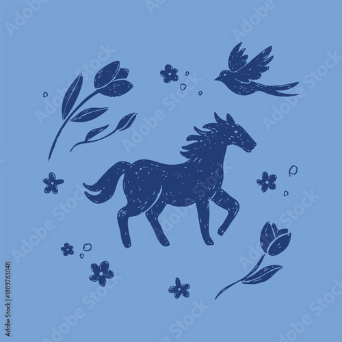Hand drawn horse illustration in kazakh nomadic folk naive style