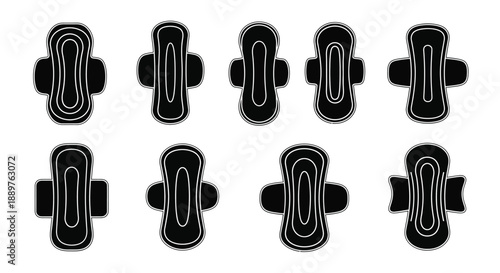 Eight sanitary pads displayed in a grid pattern black silhouette