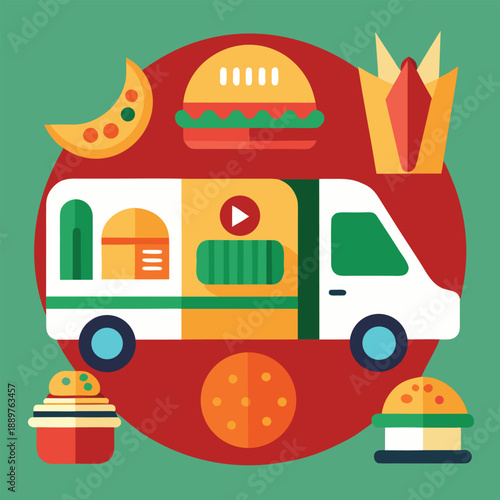 Street food truck with burgers fries and snacks colorful flat vector