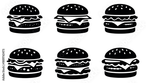 Minimalist burger icon set featuring different hamburger varieties for fast food menus