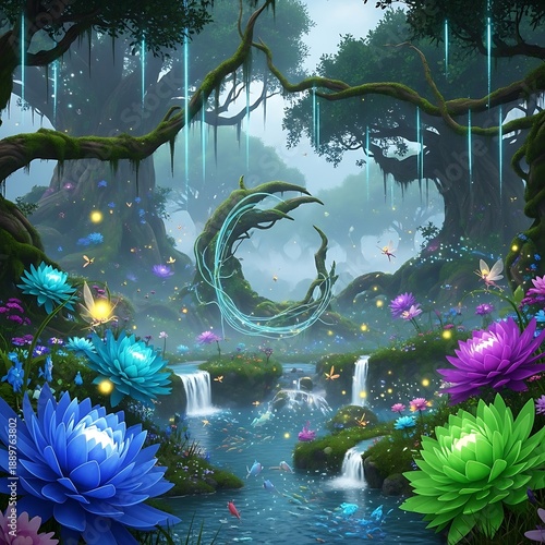 Wallpaper Mural Mystical forest scene features vibrant glowing flora and a luminous crescent shape carved from nature Torontodigital.ca