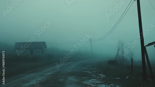 Dirt road winds through a desolate rural landscape, with old decaying buildings and a utility pole shrouded in thick, eerie mist, symbolizing loneliness and mystery