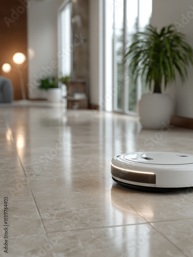Robotic vacuum cleaner operating on marble floor in modern living room