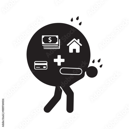 Financial Burden and Debt Concept Man Carrying Heavy Sack of Bills Taxes and Life Expenses Icon
