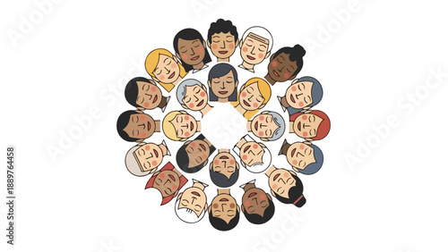 Illustration of diverse group of people from different ethnicities and ages standing in a circle, promoting unity and awareness against racial discrimination on March 21, with a flat design style and