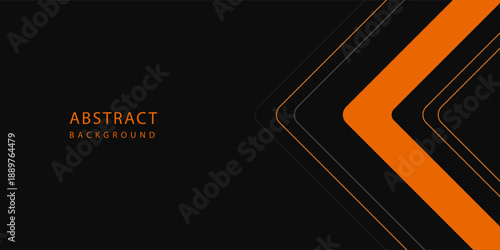Black abstract wide horizontal banner with orange and gray lines, arrows and angles. Dark modern sporty bright futuristic abstract background.