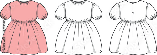 Baby girl dress technical fashion illustration, front and back views, puff sleeve design, garment flat sketch, vector outline