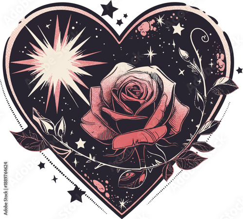 Celestial Rose in Heart: A romantic, hand-drawn illustration featuring a rose at the heart of the galaxy. Surrounded by stars, sunshine, and other floral elements.