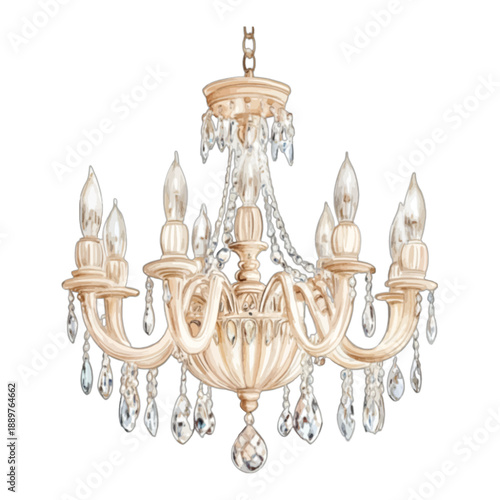 Vintage watercolor cream crystal chandelier with ornate glass prisms