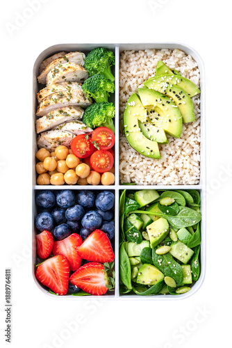 Balanced bento lunchbox on transparent background: grilled chicken, broccoli, chickpeas, brown rice with avocado, fresh berries, and a green salad