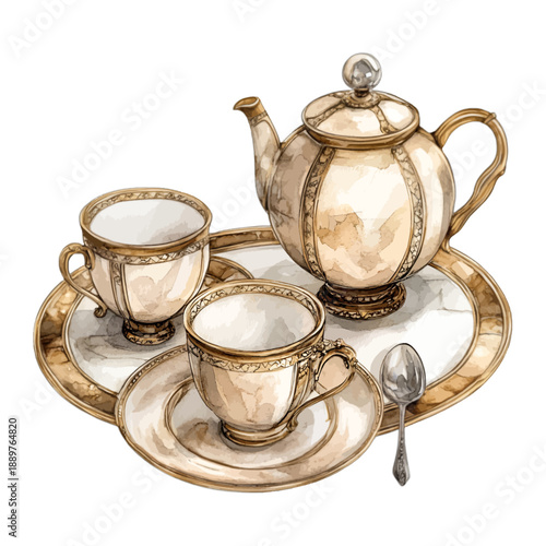 Vintage watercolor porcelain tea set with teapot teacups and gold trim
