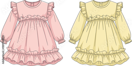 Fashion technical sketch of long sleeve ruffled baby dress in pink and yellow colors with cute frill details
