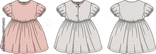 Fashion technical sketch of baby girl puff sleeve dress with gathered waist and button front detail in pastel colors