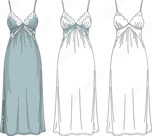Fashion technical sketch of silk nightgown with lace trim details V-neckline and spaghetti straps in three color variations